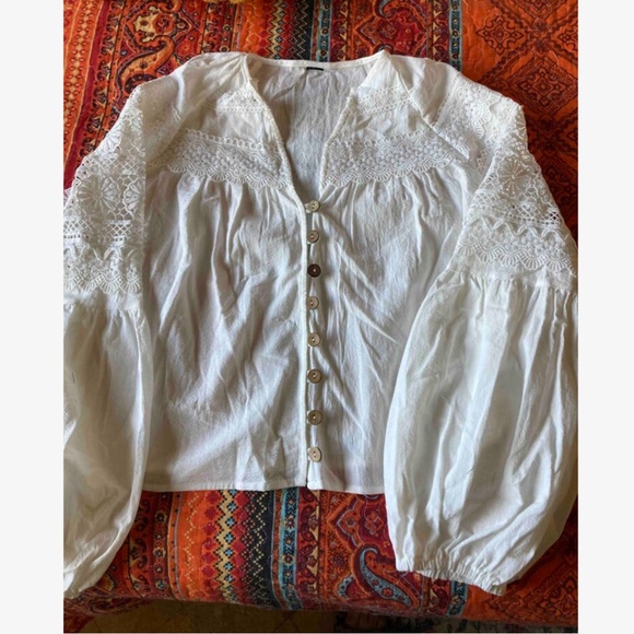 Cotton Bohemian Shirt White Crochet Lace Detailed V-Neck Long Lantern Sleeve - Picture 12 of 12